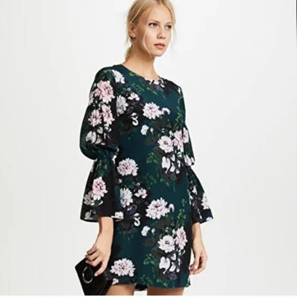 COPY - Club Monaco Teal Green Silk Dress with Blush Floral Pattern & Bell Sleev… - Picture 1 of 9